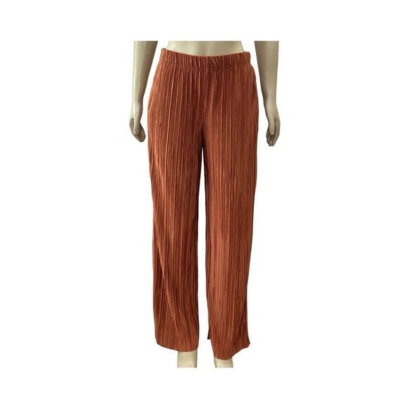 Steve Madden Addy Plisse Pleated Wide Leg Pants. Orange - Picture 4 of 9